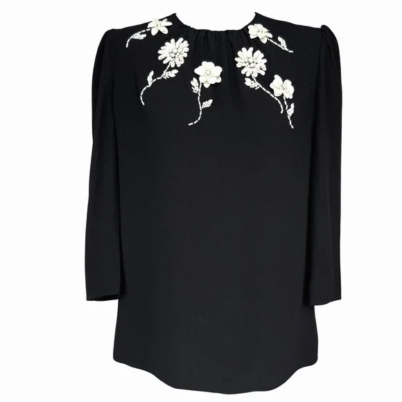 PRADA ASOTV Glamoretti Black Floral Beaded Embellished 3/4 Sleeve Blouse IT 42 - Picture 2 of 16